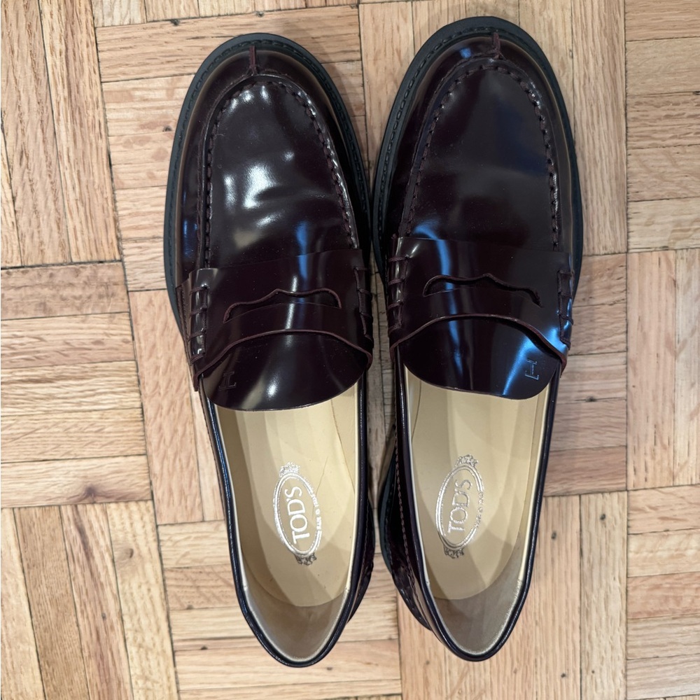 Tod's Burgundy Patent Leather Penny Loafers